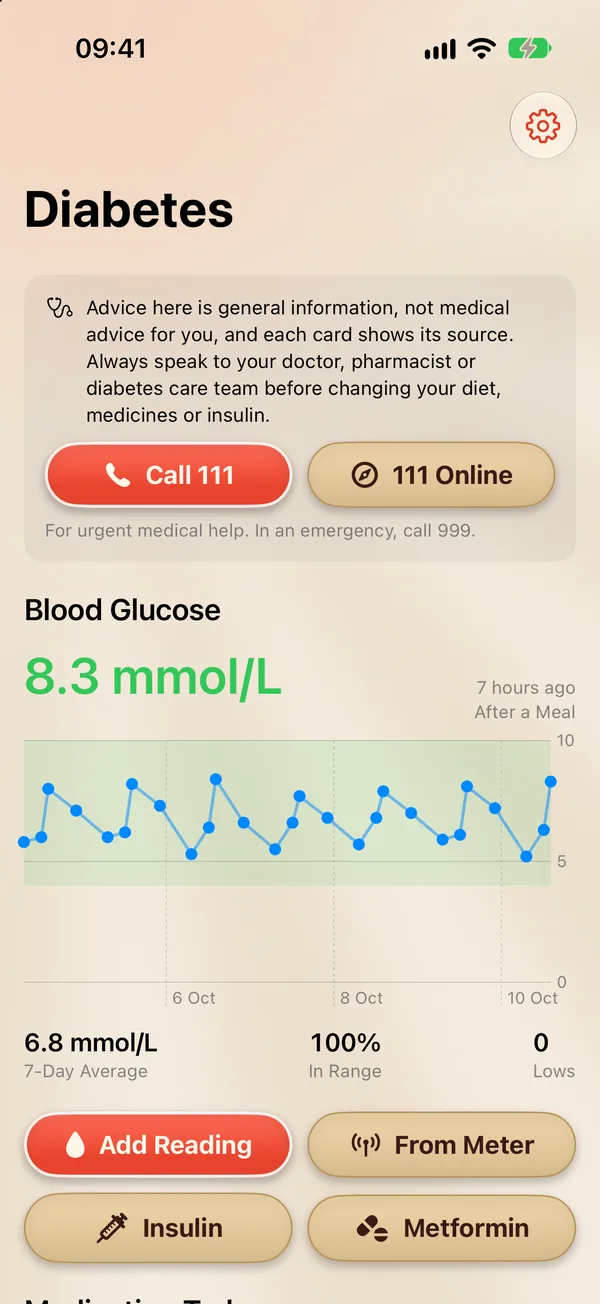 Diabetes Management: latest blood glucose, a week's chart and quick log buttons