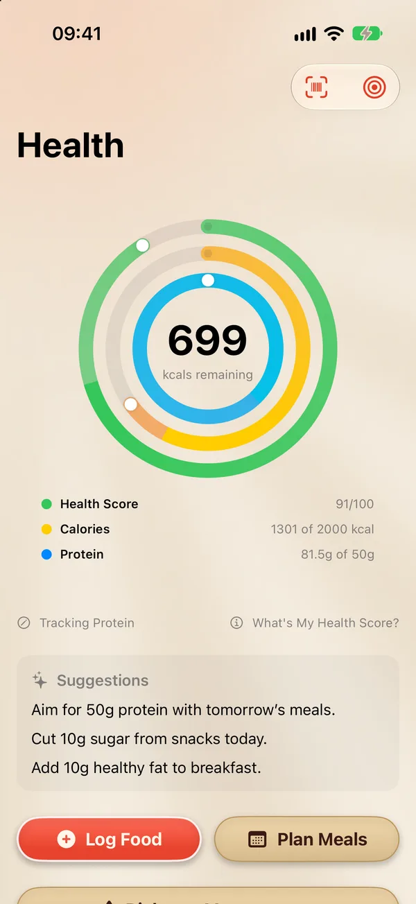 The Health tab: calorie and nutrient rings with suggestions