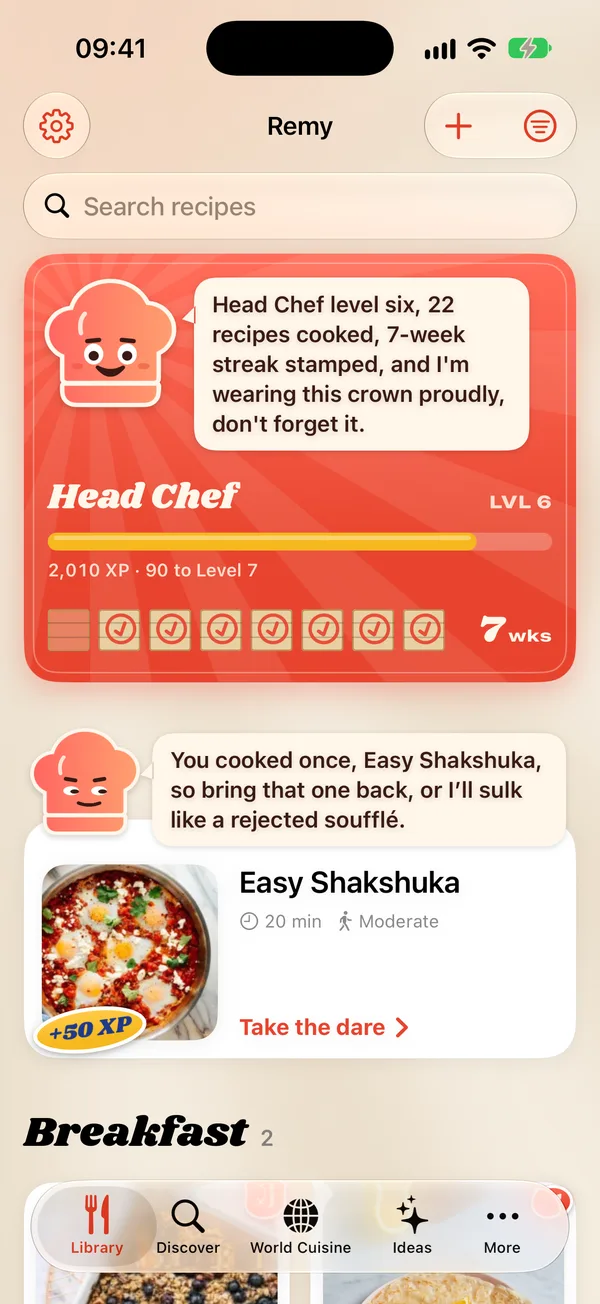 Remy's library: a Head Chef level card with a 7-week streak, Remy's daily dare, and recipe cards with photos