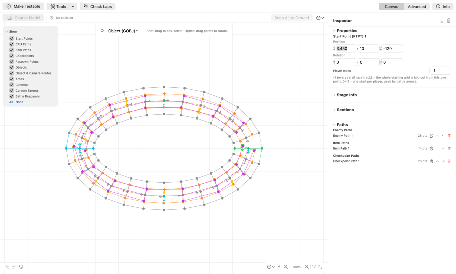 The Mario Kart Wii course data editor showing a track's start point, enemy paths, item paths and checkpoints