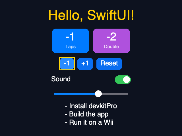 A SwiftUI app drawn on a Wii screen: a title, a counter, a toggle and a list