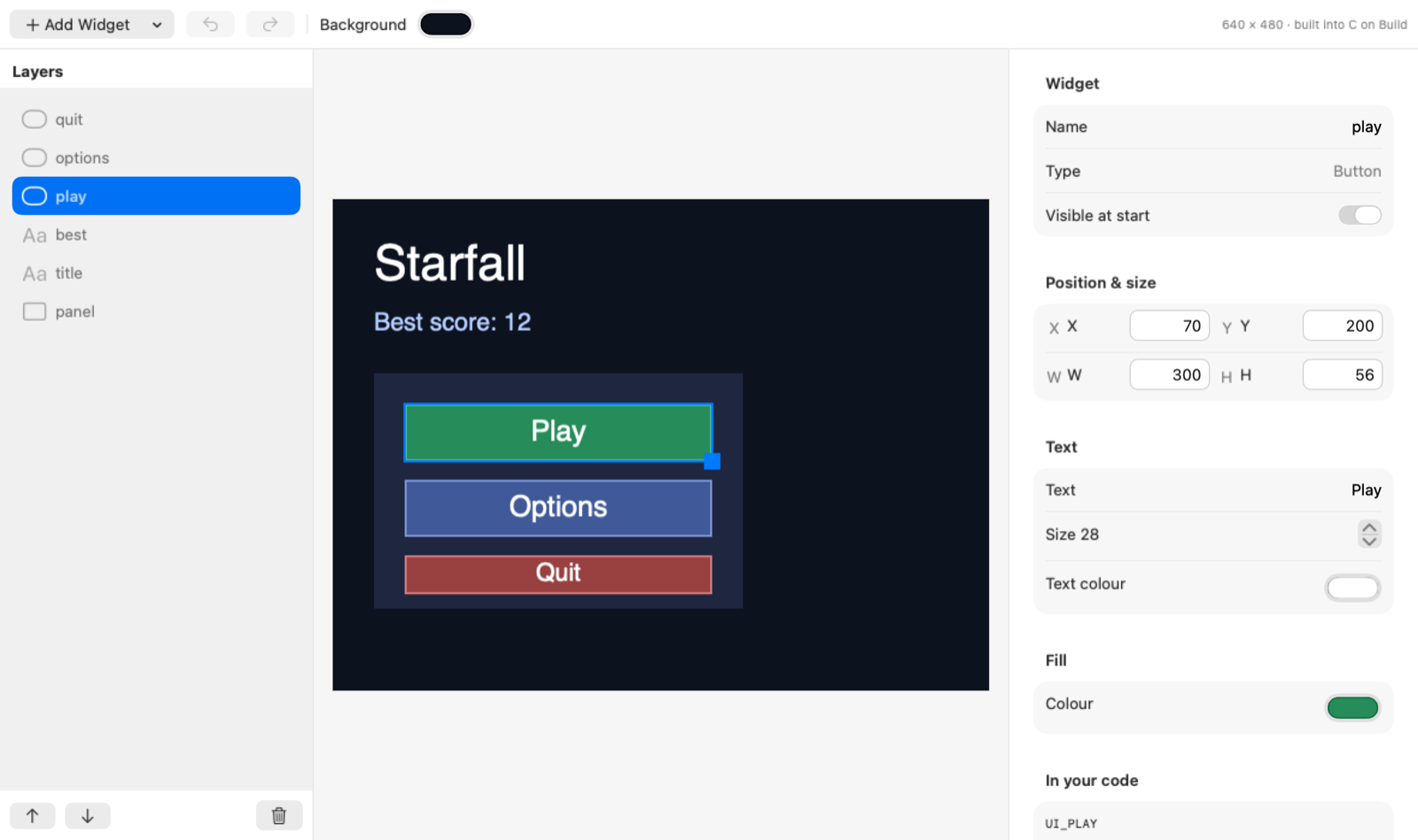The UI designer: a menu screen with buttons and its properties