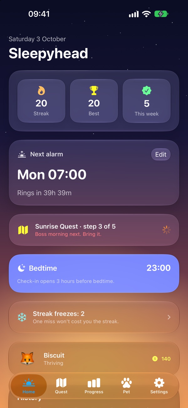 Sleepyhead's home screen, showing a 20-day streak, the next alarm at 7:00 on Monday, Sunrise Quest progress and bedtime