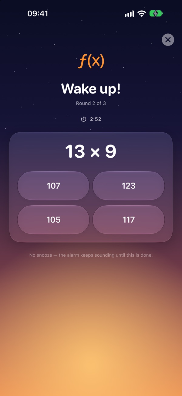 A maths mission asking 13 times 9, with four answers to choose from