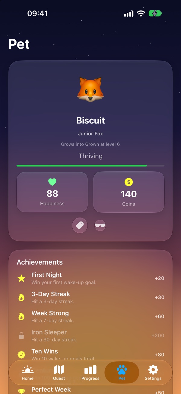 A fox called Biscuit, thriving, with 140 coins and a list of achievements