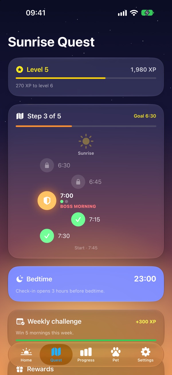 Sunrise Quest at level 5, on step 3 of 5, with a boss morning at 7:00 and a goal of 6:30