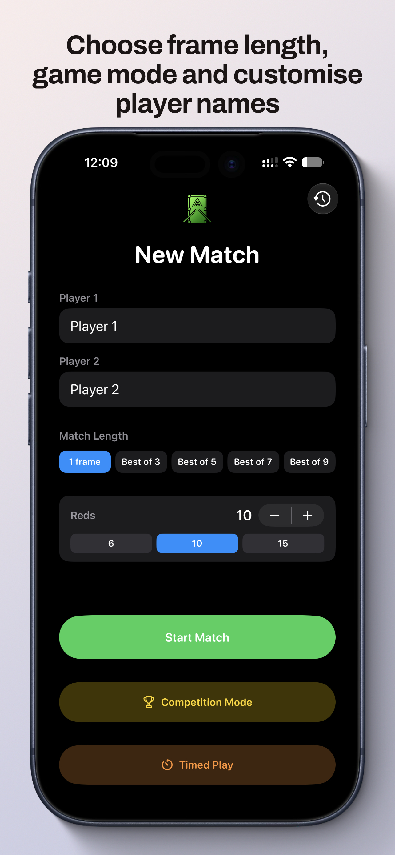 Snooker Scoring app interface showing match tracking